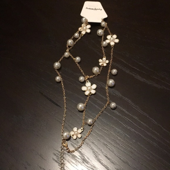 Flower Pearl Long Necklace boho chain jewelry - Picture 7 of 7